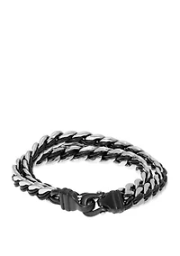 Stainless Steel and Black Leather Wrap Bracelet