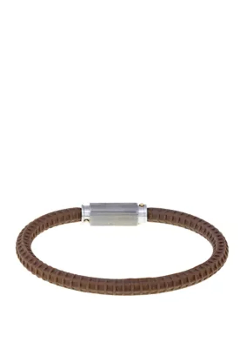Damascus Steel and Brown Silicone Bracelet with Gold Tone Ion Plating