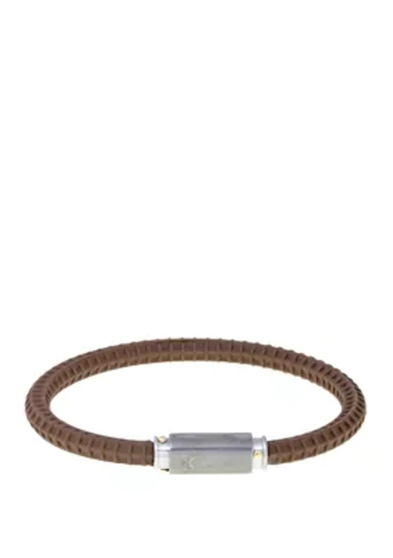 Damascus Steel and Brown Silicone Bracelet with Gold Tone Ion Plating