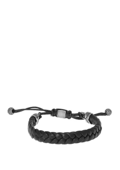 Stainless Steel Braided Black Leather Bracelet with Drawstring