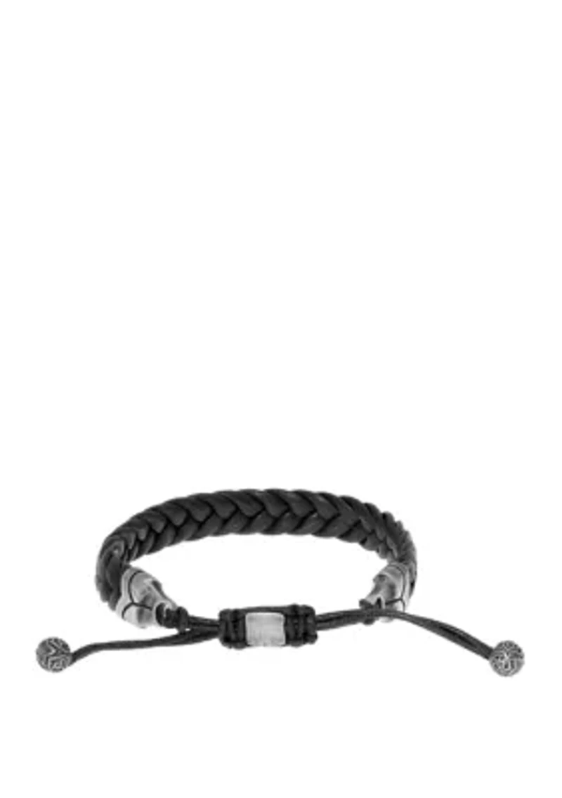 Stainless Steel Braided Black Leather Bracelet with Drawstring