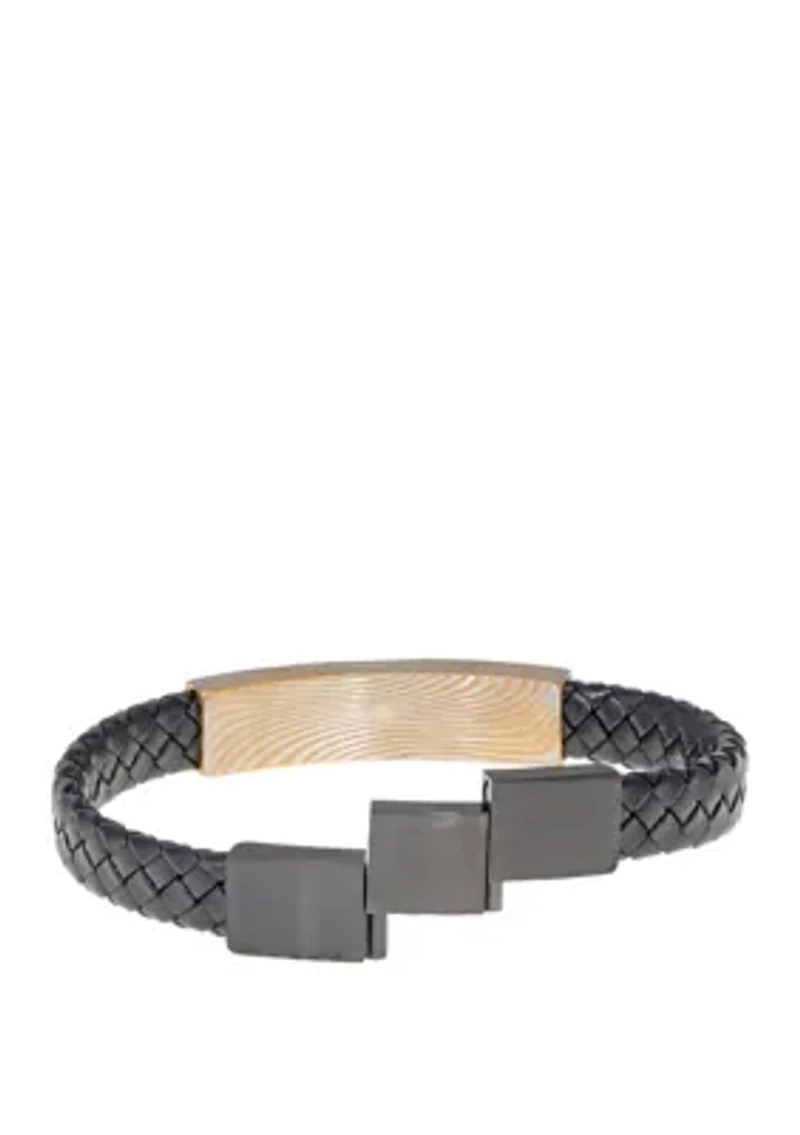 Damascus Steel and Leather Bracelet with Black and Gold Tone IP