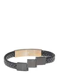 Damascus Steel and Leather Bracelet with Black and Gold Tone IP