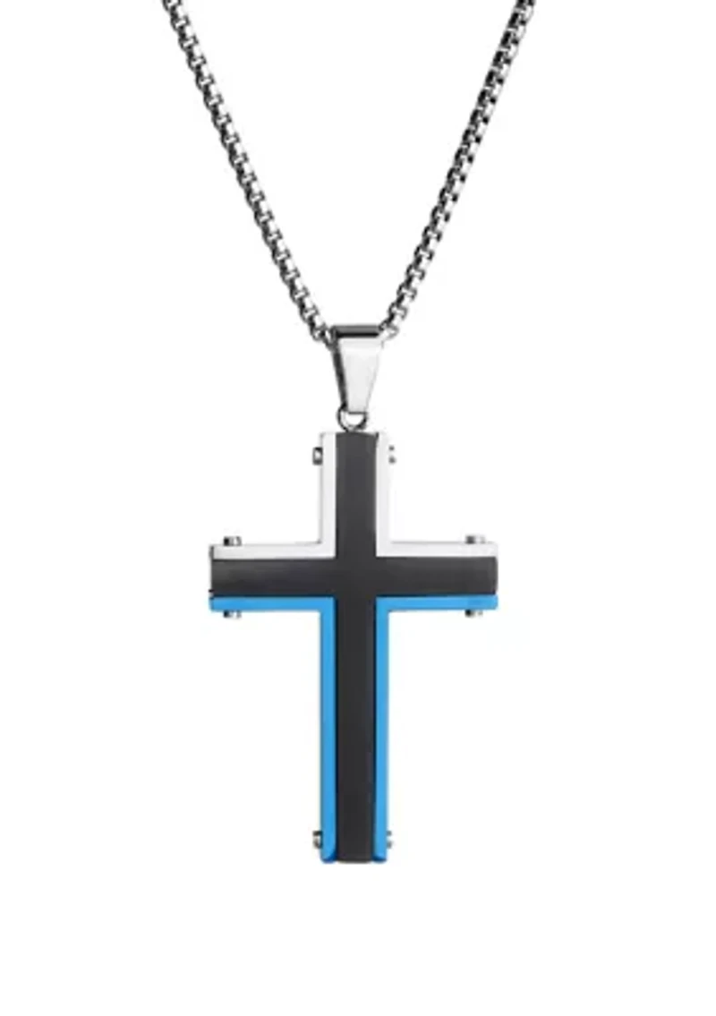 Stainless Cross Pendant Necklace on 24 Inch Round Box Chain