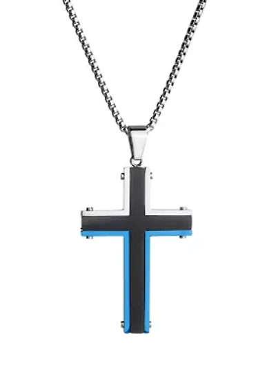Stainless Cross Pendant Necklace on 24 Inch Round Box Chain