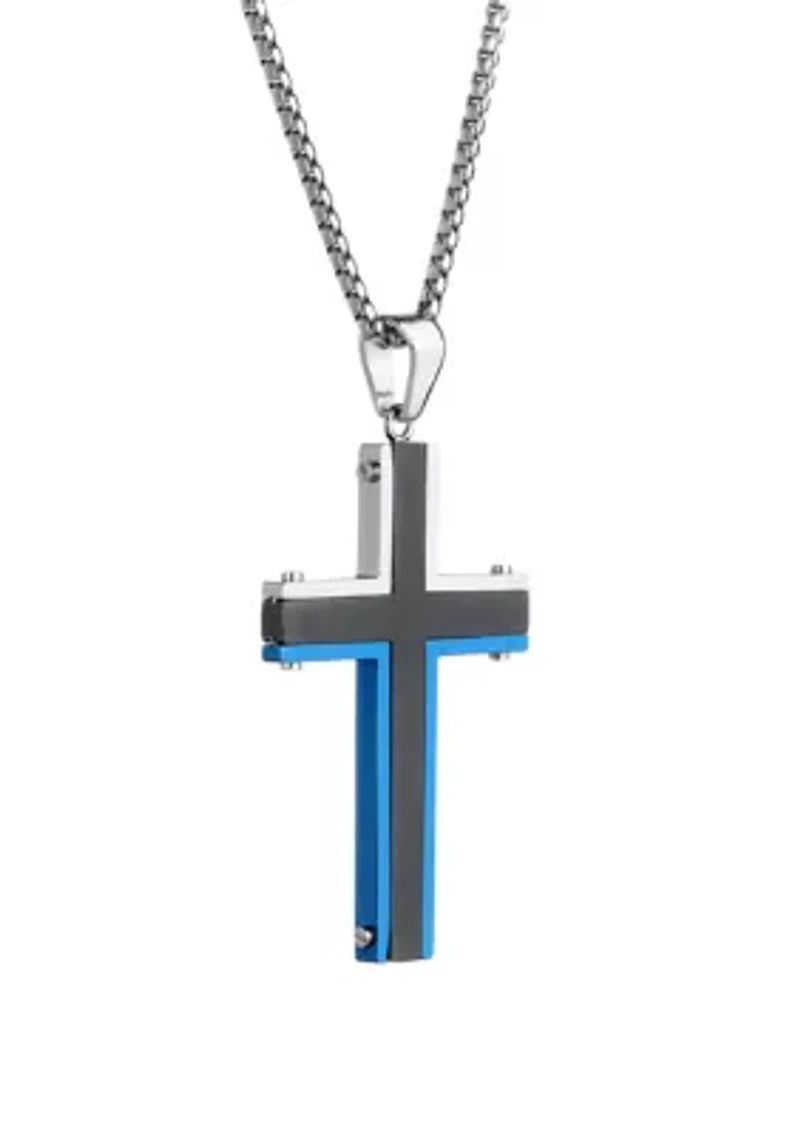 Stainless Cross Pendant Necklace on 24 Inch Round Box Chain