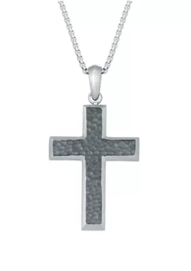 Stainless Steel Hammered Cross Pendant on 24 Inch Round Box Chain