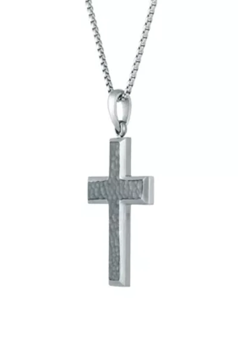 Stainless Steel Hammered Cross Pendant on 24 Inch Round Box Chain