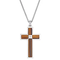 Stainless Steel Cubic Zirconia Tiger Eye Cross Pendant Necklace