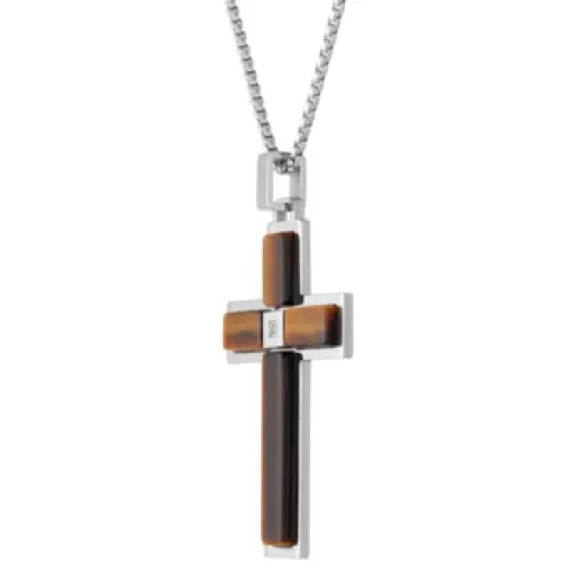 Stainless Steel Cubic Zirconia Tiger Eye Cross Pendant Necklace