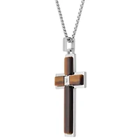 Stainless Steel Cubic Zirconia Tiger Eye Cross Pendant Necklace