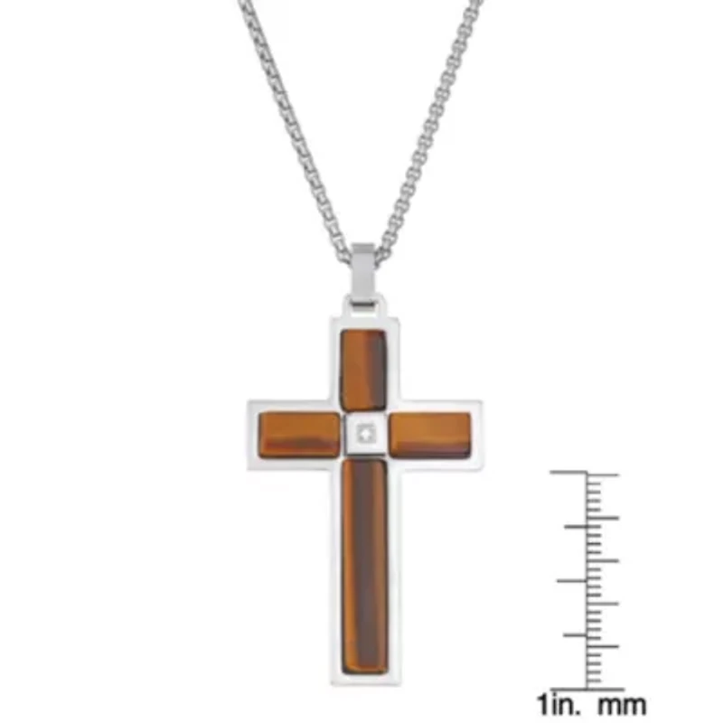 Stainless Steel Cubic Zirconia Tiger Eye Cross Pendant Necklace