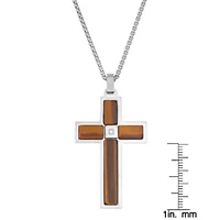 Stainless Steel Cubic Zirconia Tiger Eye Cross Pendant Necklace