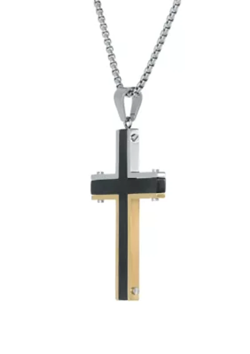 Stainless Steel Cross Pendant on 24 Inch Box Chain Necklace