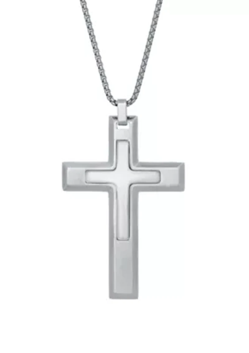 Damascus Steel Cross Pendant on 24 Inch Round Box Chain Necklace