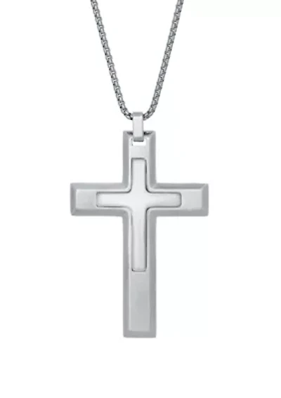 Damascus Steel Cross Pendant on 24 Inch Round Box Chain Necklace