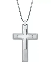 Damascus Steel Cross Pendant on 24 Inch Round Box Chain Necklace