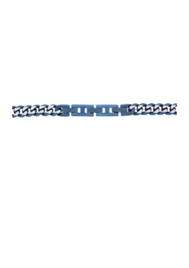 Stainless Steel 8 Millimeter Curb Chain Necklace with Blue Ion Plating, 24 Inch