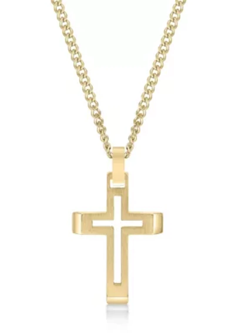 Stainless Steel Cross Pendant with Gold Ip and 24" Curb Chain