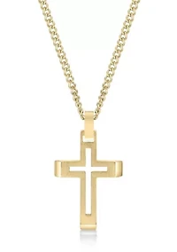 Stainless Steel Cross Pendant with Gold Ip and 24" Curb Chain