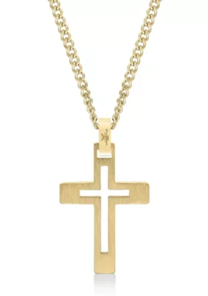 Stainless Steel Cross Pendant with Gold Ip and 24" Curb Chain