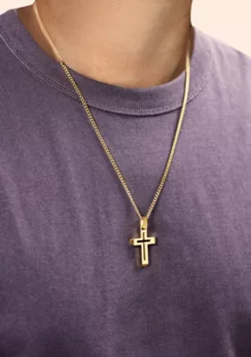 Stainless Steel Cross Pendant with Gold Ip and 24" Curb Chain