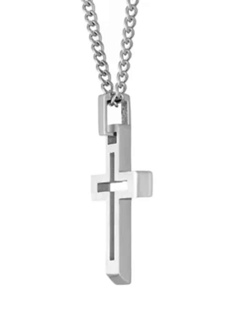 Stainless Steel Cross Pendant Necklace with 24 Inch Curb Chain 