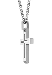 Stainless Steel Cross Pendant Necklace with 24 Inch Curb Chain 
