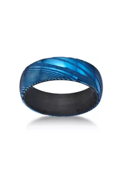 Damascus Steel Ring With Carbon Fiber Sleeve