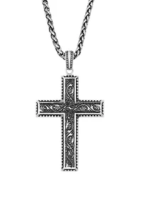 Stainless Steel Antique Finish Cross Pendant on 24 Inch Wheat Chain