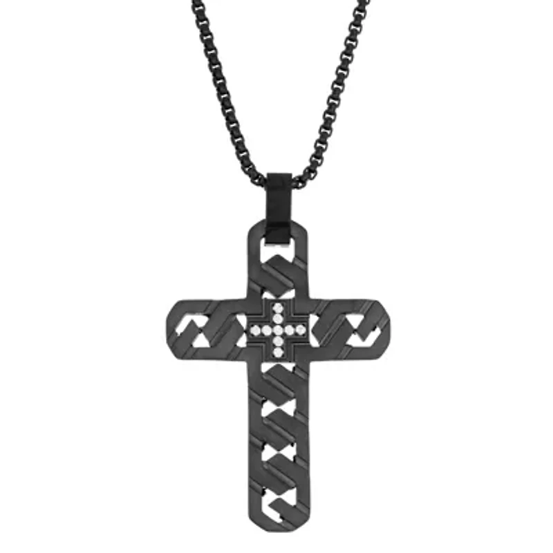 Stainless Steel Cubic Zirconia Cross Pendant Necklace