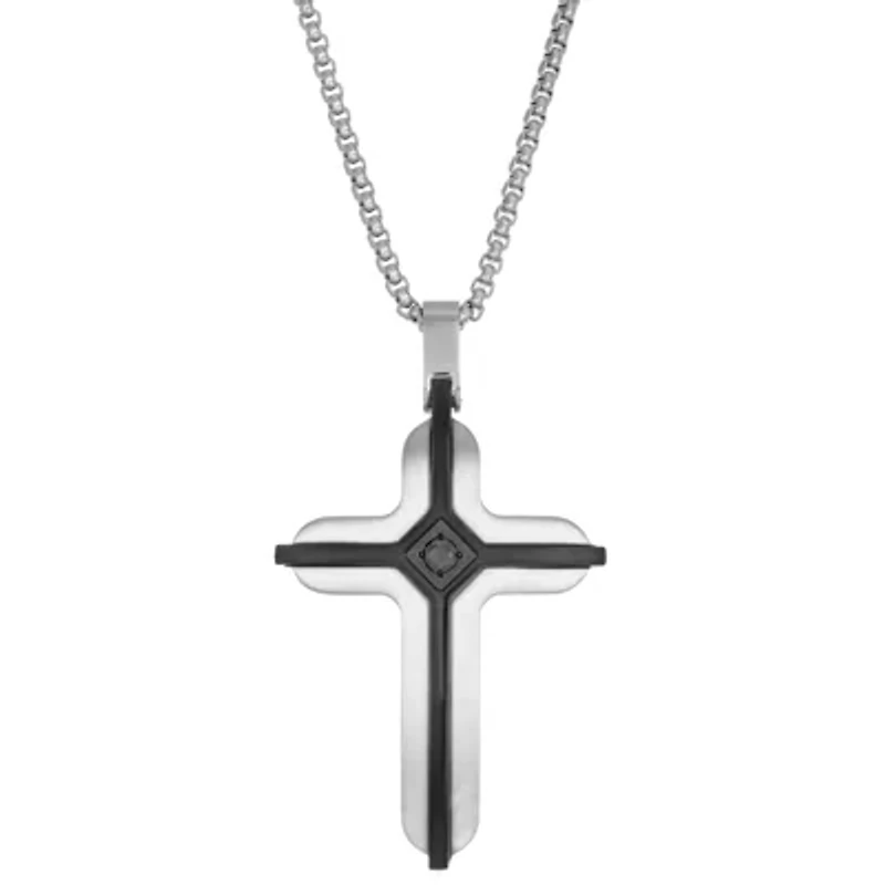 Stainless Steel Black Cubic Zirconia Cross Pendant Necklace