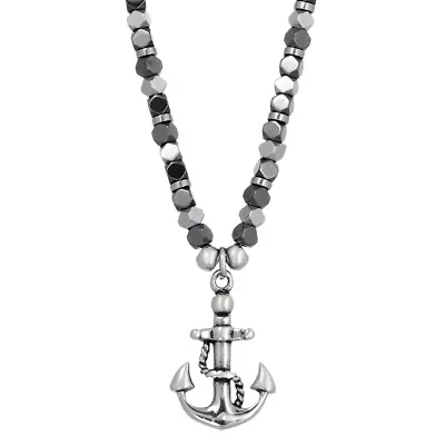 Stainless Steel Anchor Pendant Necklace with Hematite Beads