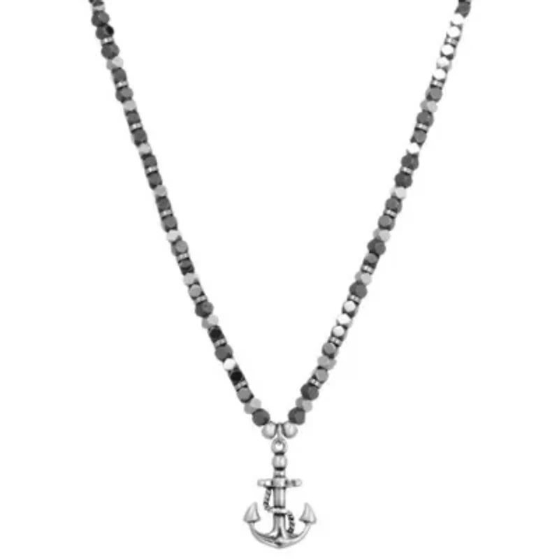 Stainless Steel Anchor Pendant Necklace with Hematite Beads