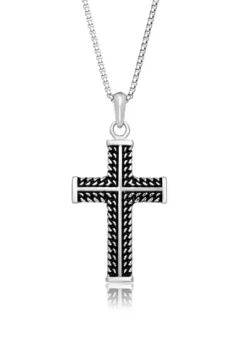 Antique Finish Stainless Steel Cross Pendant With 24" Round Box Chain