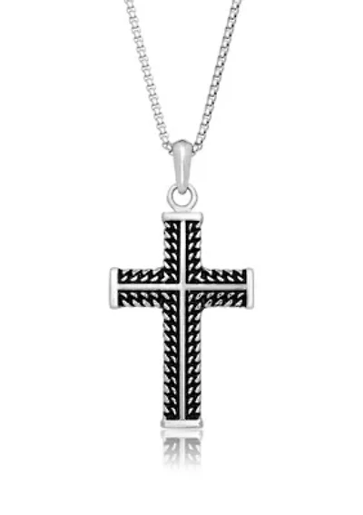Antique Finish Stainless Steel Cross Pendant With 24" Round Box Chain