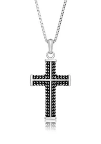 Antique Finish Stainless Steel Cross Pendant With 24" Round Box Chain
