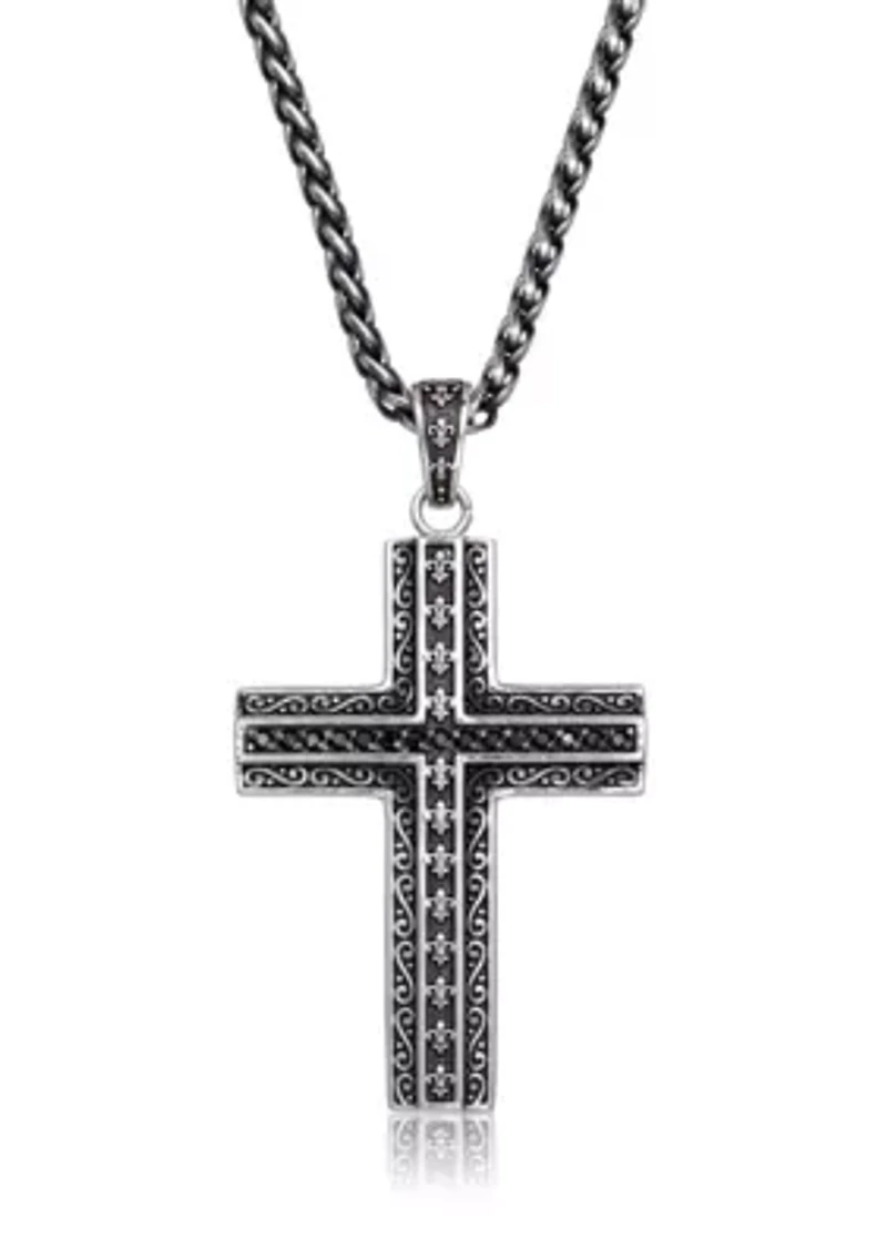 Antique Finish Stainless Steel Cross Pendant With Black Cz And 24" Wheat Chain