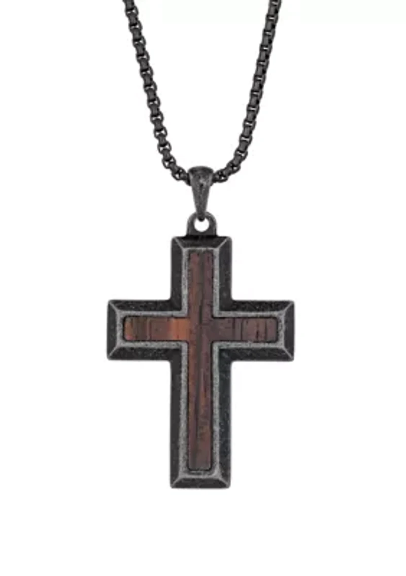 Stainless Steel Antique Finish Cross Pendant with Wood and 24 Inch Chain