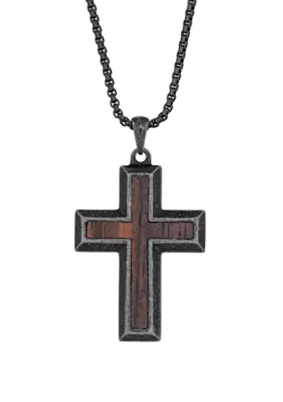 Stainless Steel Antique Finish Cross Pendant with Wood and 24 Inch Chain