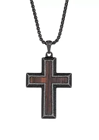 Stainless Steel Antique Finish Cross Pendant with Wood and 24 Inch Chain