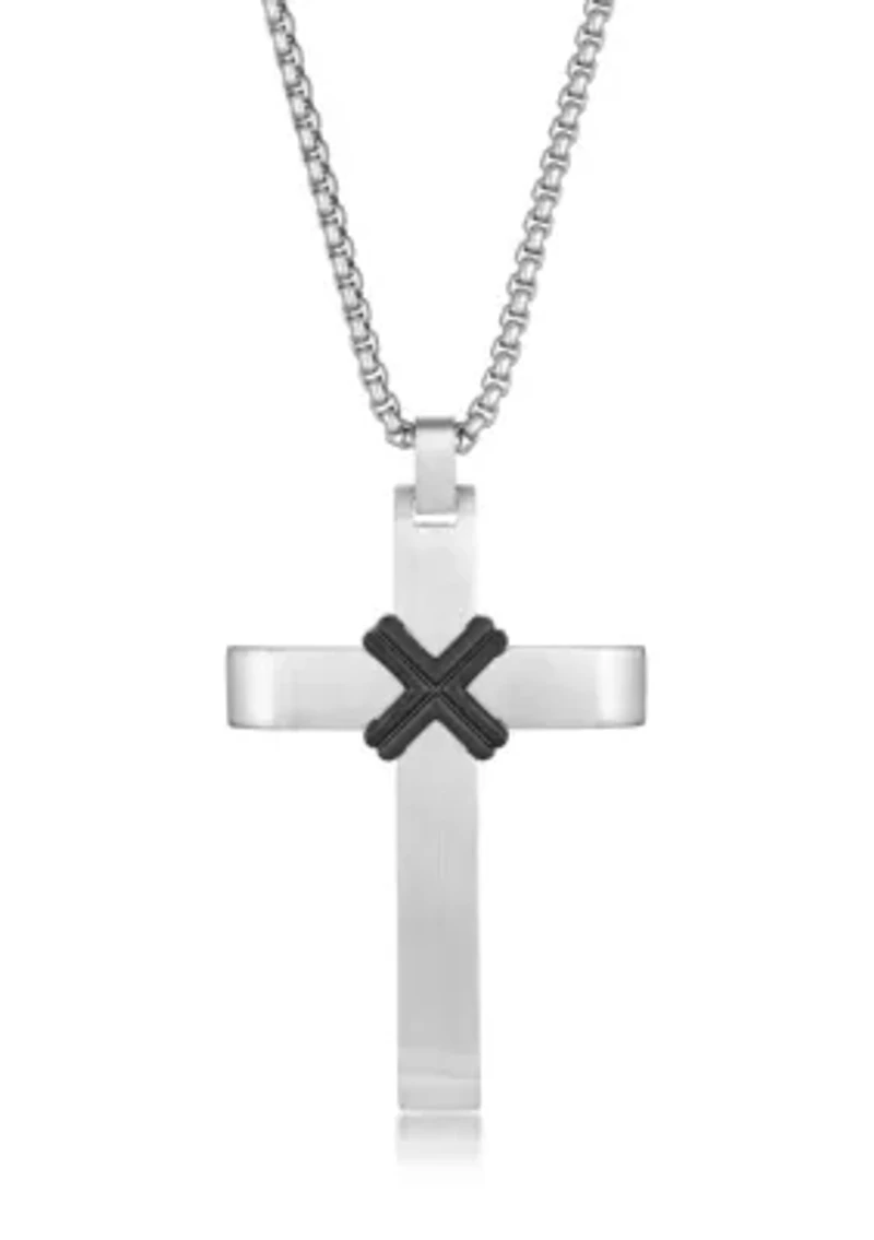 Stainless Steel Cross Pendant With Black Ip And 24" Round Box Chain