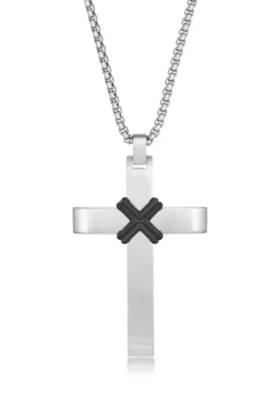 Stainless Steel Cross Pendant With Black Ip And 24" Round Box Chain