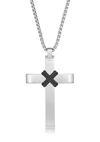 Stainless Steel Cross Pendant With Black Ip And 24" Round Box Chain