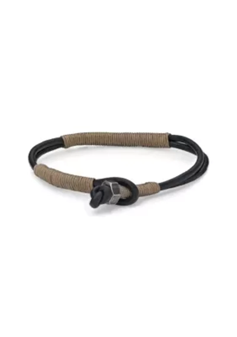 Stainless Steel and Black Leather Bracelet with Tan Cord
