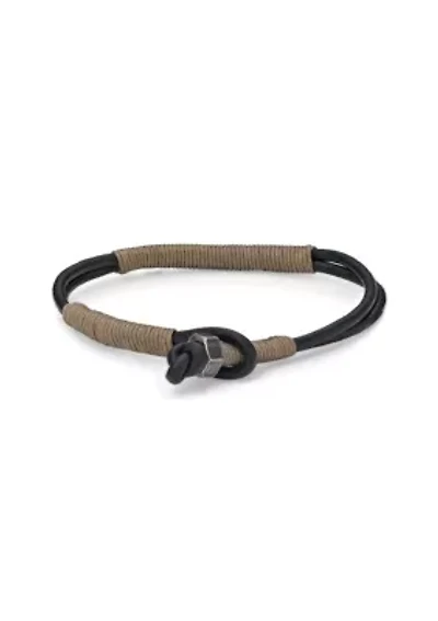 Stainless Steel and Black Leather Bracelet with Tan Cord