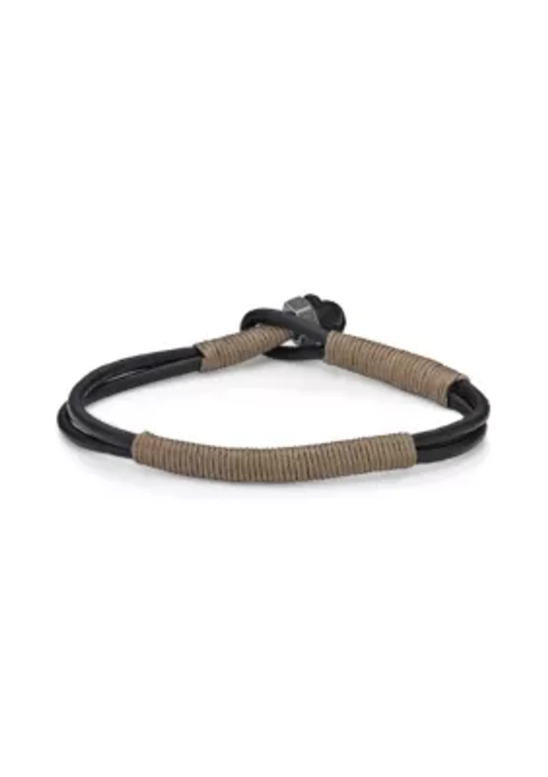 Stainless Steel and Black Leather Bracelet with Tan Cord