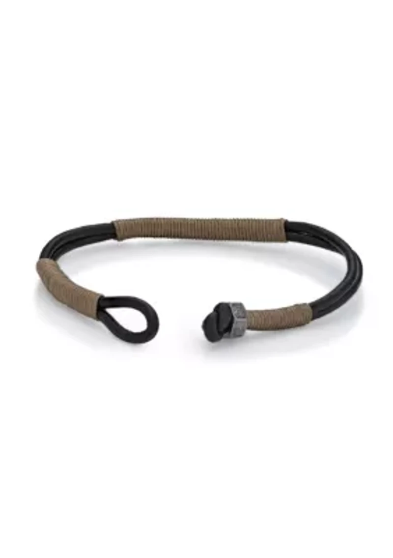 Stainless Steel and Black Leather Bracelet with Tan Cord