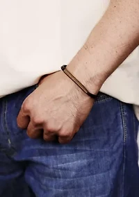 Stainless Steel and Black Leather Bracelet with Tan Cord