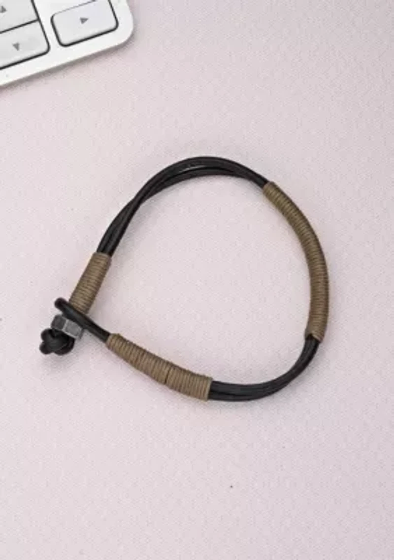 Stainless Steel and Black Leather Bracelet with Tan Cord